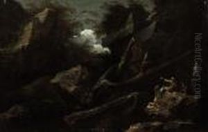 Three Soldiers In A Rocky Landscape by Salvator Rosa