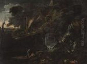 Paesaggio Boschivo Con Cascata, Pastori E Viandanti by Salvator Rosa
