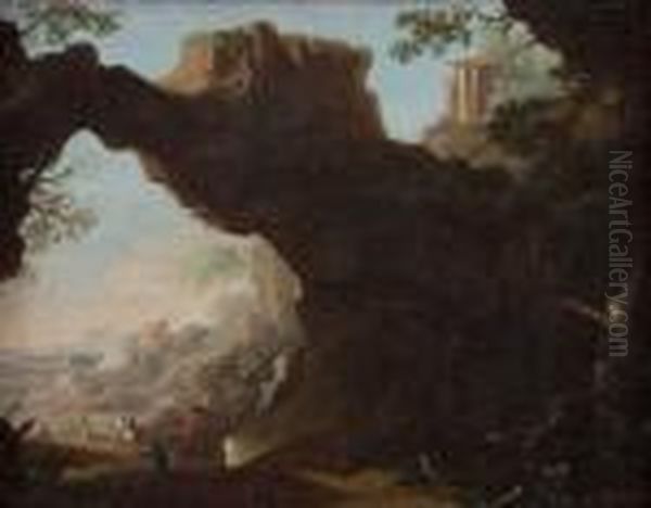 Capriccio Architettonico Con Arco Naturale E Tempio Di Vesta A Tivoli - view 1
