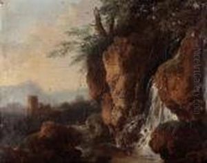 Felsige Landschaft Mit Wasserfall by Salvator Rosa