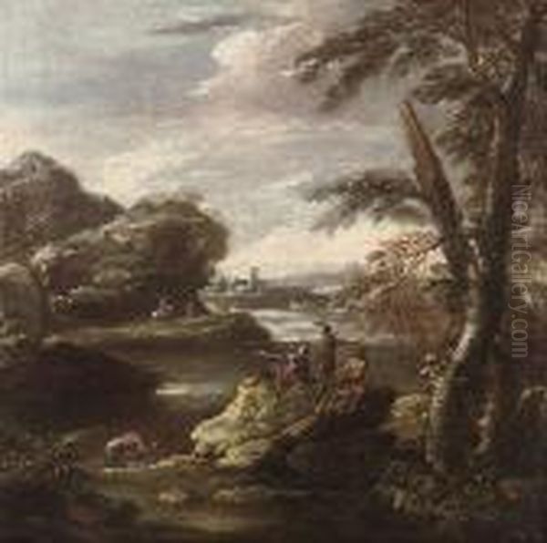 A Wooded River Landscape With Soldiers In The Foreground, A Castle Beyond - view 1