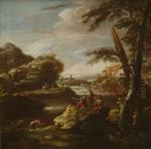 A Wooded Riverlandscape With Soldiers In The Foreground, A Castle Beyond