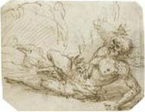 A Bearded Man Sprawled On The Ground With His Right Armraised by Salvator Rosa