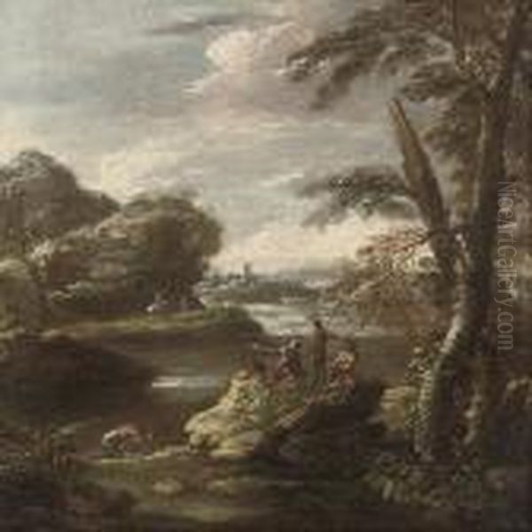 A Wooded River Landscape With Soldiers In The Foreground, A Castlebeyond - view 1