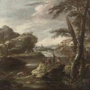 A Wooded River Landscape With Soldiers In The Foreground, A Castlebeyond A Wooded River Landscape With Soldiers In The Foreground, A Castlebeyond