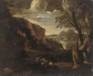 A Rocky Wooded River Landscape With Figures And A Dog On A Bank,mountains Beyond by Salvator Rosa