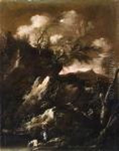 Paesaggio Boschivo Con Lavandaie Inriva A Un Fiume