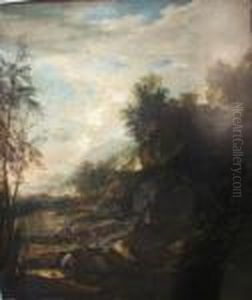Italianate Landscape With Figures Fishing By A Rocky River Oil On Canvas by Salvator Rosa