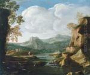 Gebirgige Flusslandschaft Mit Fischern; Paesaggio Roccioso Conpescatori by Salvator Rosa