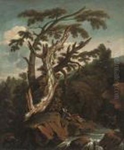 A Wooded River Landscape With Figures On A Bank by Salvator Rosa