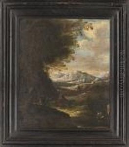 A Shepherd And His Goats In An Extensive Wooded Landscape Withmountains Beyond by Salvator Rosa
