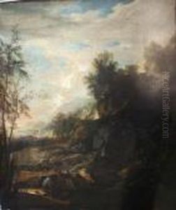 Italianate Landscape With Figures Fishing By A Rocky River by Salvator Rosa