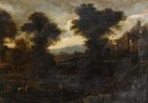 Landscape With Figures By A River And Ruinsbeyond by Salvator Rosa