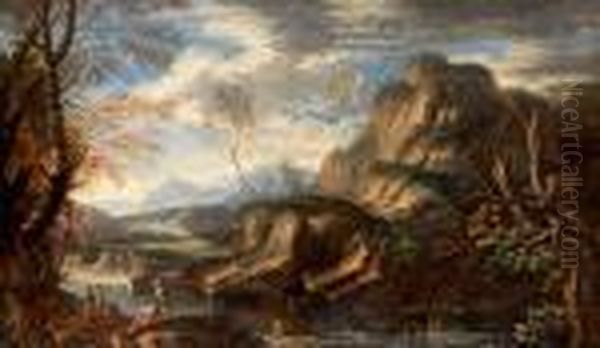 Bergigt Flodlandskap Med Figurstaffage - view 1