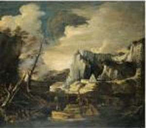 An Extensive River Landscape
With Figures Fishing And Playing With A Dog In The Foreground by Salvator Rosa