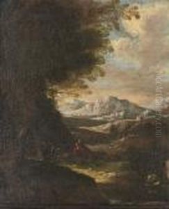 A Shepherd And His Goats In An Extensive Wooded Landscape With Mountains Beyond by Salvator Rosa