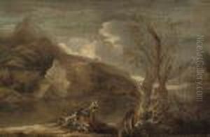 A Mountainous River Landscape
With Figures Conversing On A Rock; And A Mountainous River Landscape
With Figures Conversing With A Soldier On A Bank by Salvator Rosa