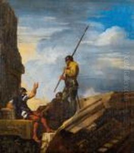Soldati Al Riposo In Un Capriccio Architettonico Con Rovine by Salvator Rosa
