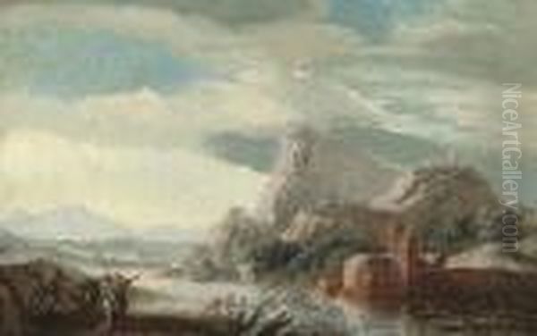 An Extensive River Landscape With Anglers And Soldiers Conversing On The Bank - view 1