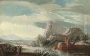 An Extensive River Landscape With Anglers And Soldiers Conversing On The Bank by Salvator Rosa