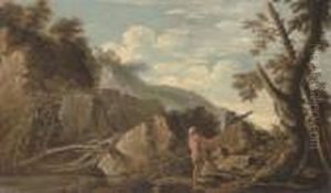 A Wooded River Landscape With Figures In The Foreground And A Castle Beyond by Salvator Rosa