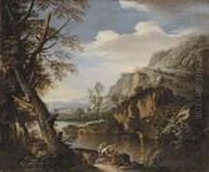 A Mountainous Wooded Landscape With Soldiers On A River Bank by Salvator Rosa