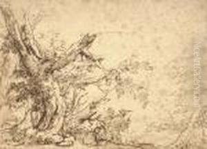 A Wooded Landscape With Travellers On A Path