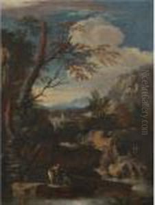 An Italianate River Landscape With Figures Washing In The Foreground by Salvator Rosa