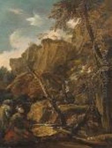 A Rocky River Landscape With A Soldier And His Horse In The Foreground