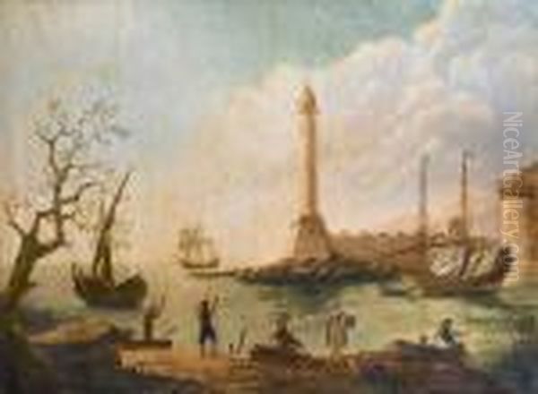 A Coastal Inlet With Anglers On The Shore In The Foreground, Shipping Moored Beyond - view 1