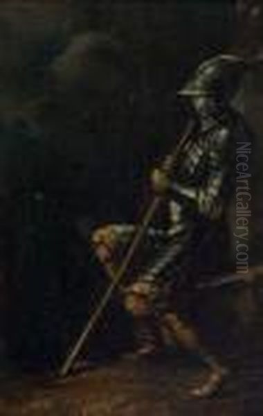 A Soldier In Armor, Holding A Staff And Seated On A Rock In Agrotto - view 1