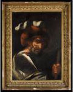 Portrait Of A Soldier, Half Length, Wearing Armour And A Red Plumed Hat by Salvator Rosa