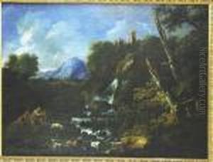 A Mountainous Landscape With A Waterfall by Salvator Rosa