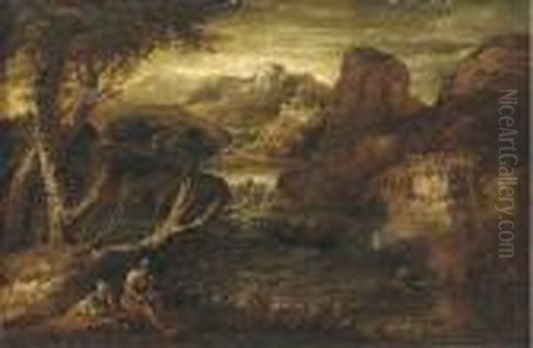 A Mountainous River Landscape With Two Soldiers At Rest - view 1
