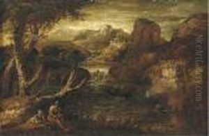 A Mountainous River Landscape With Two Soldiers At Rest by Salvator Rosa