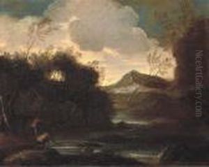A Wooded River Landscape With Fishermen, Mountains Beyond