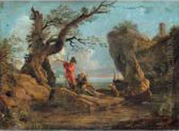 Coastal Landscape With Soldiers Resting On Rocks - view 1
