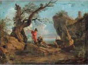 Coastal Landscape With Soldiers Resting On Rocks by Salvator Rosa
