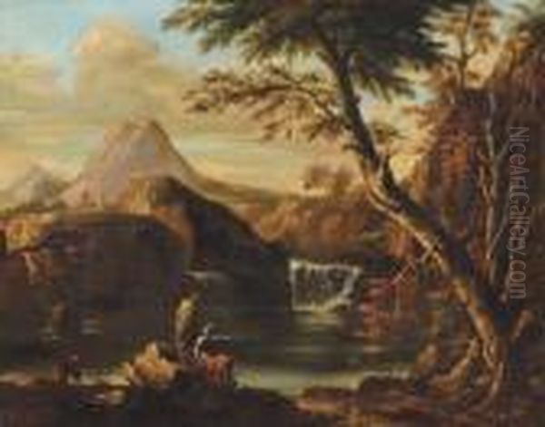 Figures Fishing By A River, An Extensive Landscape Beyond - view 1