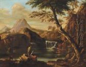 Figures Fishing By A River, An Extensive Landscape Beyond by Salvator Rosa