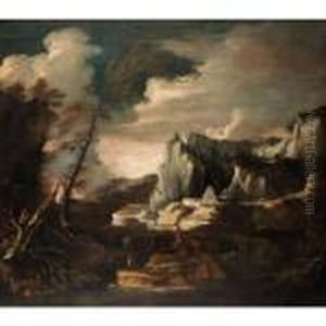 Extensive River Landscape With Fishermen In The Foreground, A Pyramid Beyond by Salvator Rosa