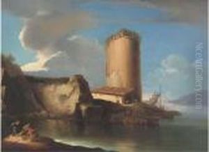 A Mediterranean Costal Inlet With A Boatyard And A Tower by Salvator Rosa