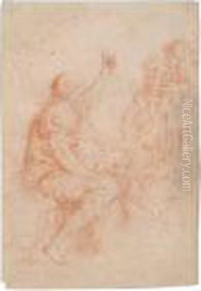 A Bearded Old Seated Man Speaking To Three Other Men - view 1