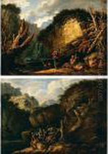 Soldati E Viandanti In Un 
Paesaggio Con Cascata; Soldati In Un Paesaggio Fluviale Con Fortezza In 
Lontananza by Salvator Rosa