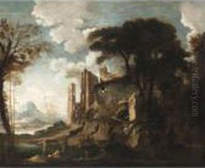 Italianate River Landscape With Figures Before Ruins by Salvator Rosa