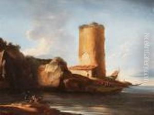 A Coastal Inlet With Fishermen On The Shore And Shipbuilders In The Distance A Coastal Inlet With Fishermen On The Shore And Shipbuilders In The Distance