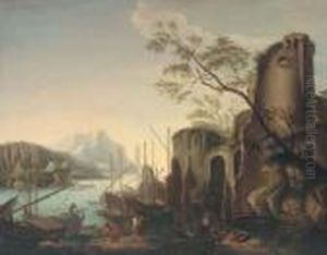 A Mediterranean Coastal Intlet With Shipping And Stevedores Byclassical Ruins by Salvator Rosa