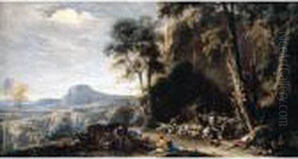 A Wooded Landscape With Herders And Cattle Resting - view 1