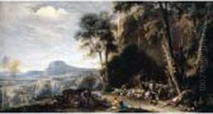 A Wooded Landscape With Herders And Cattle Resting by Salvator Rosa