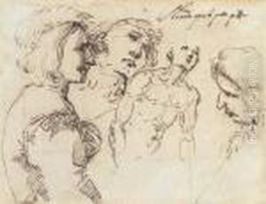 A Young Man, Half-length, In A 
Plumed Hat, In Profile To The Right,with Two Studies Of Heads And 
Another Of A Nude, Half-length